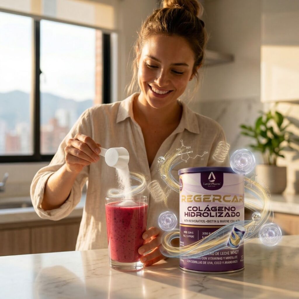 Colágeno Hidrolizado Marino Mujer Preparando un Batido Rojo con Colágeno